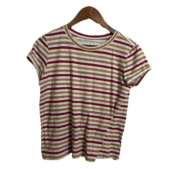 LOFT Womens Rust Red Mustard Striped Short Sleeve Vintage Soft T-Shirt XS Petite - Picture 1 of 5